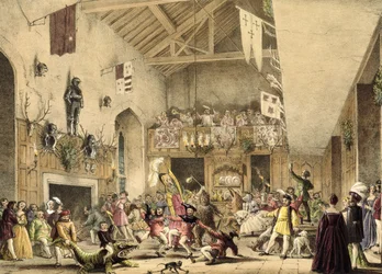 Helligtrekongersfeiring i den store salen, Haddon Hall, Derbyshire, fra «Middelalderens arkitektur», 1838