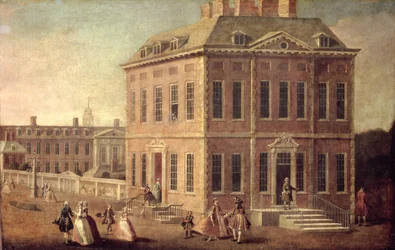 Utsikt over Ranelagh House and Gardens og Chelsea Hospital, med figurer som går i forgrunnen