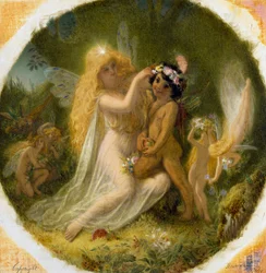 «Titania, feenes prinsesse og den unge indianeren hun laget sin side» Illustrasjon til «En midtsommernattsdrøm» av William Shakespeare. Maleri av Joseph Noel Paton (1821–1901) Privat samling