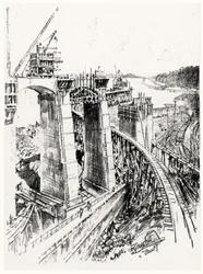Approaches to the Gatun Lock, plate VI fra Panamakanalen av Joseph Pennell, 1912 (kull på papir)