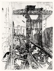 Kraner ved Miraflores-slusen, plate XXII fra Panamakanalen av Joseph Pennell, 1912 (kull på papir)
