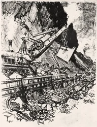 Steam Shovel Work: Culebra Cut, plate XIV fra Panamakanalen av Joseph Pennell, 1912 (kull på papir)