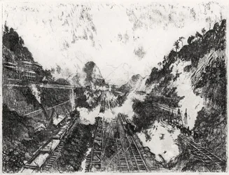 The Cut Looking into Ancon Hill, plate XVII fra Panamakanalen av Joseph Pennell, 1912 (kull på papir)
