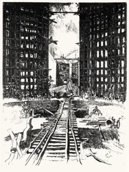The Gates of Pedro Miguel, plate XIX fra Panamakanalen av Joseph Pennell, 1912 (kull på papir)