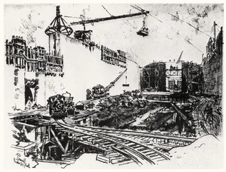 The Walls of Pedron Miguel, plate XX fra Panamakanalen av Joseph Pennell, 1912 (kull på papir)