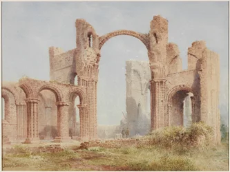 Lindisfarne Priory Ruins (akvarell, kroppsfarge og blyant på papir)