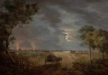 Utsikt over den franske hærens kryssingsbro inn i Lobau (nattscene med måneskinn)