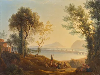 Italiensk landskap med solnedgang