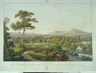 Utsikt over Jena fra Rasenhuehlberg, ca. 1810 (radering)