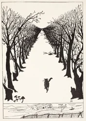 Katten som gikk for seg selv, illustrasjon fra «Nettopp sånn-historier for små barn» av Rudyard Kipling, utgitt i London, 1951