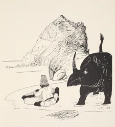 Parseen som begynner å spise kaken sin på Den ubebodde øya, illustrasjon fra «Just So Stories for Little Children» av Rudyard Kipling, utgitt i London, 1951