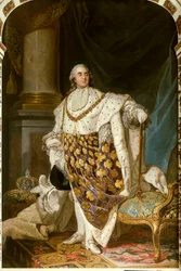 Portrett til fots av kongen av Frankrike Ludvig XVI i hellig drakt (1754-1793) Han har halskjedet av Den Hellige Ånds Orden (Hellige Ånd) - Maleri fra Atelier of Joseph Siffred Duplessis (1725-1802) (Joseph- Siffrede, Joseph-Siffrede, Joseph Si