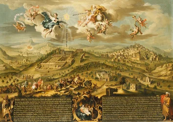 En utsikt over Betlehem med magienes reise, treenigheten over og fødselen i en malt kartusj nedenfor, 1752