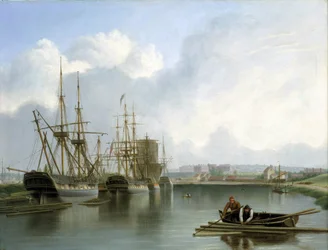 Beskrivelse av havna i Bristol (England), med indiaman-skip som handler med og transporterer amerikansk trelast, og laster med tre som flyter på vannet med to menn i en båt som samler dem opp med krok og tabbe