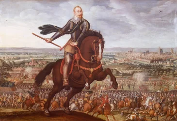 Gustav II Adolf av Sverige i slaget ved Breitenfeld i 1631, maleri av Jean Jacques Walter, trettiårskrigen, Tyskland