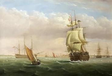 Havneinngang med frakt (olje på lerret)