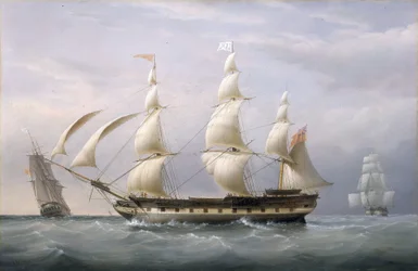 East India Companys skip «Britannia», sett fra tre vinkler, har returnert fra Barbados. Olje på lerret