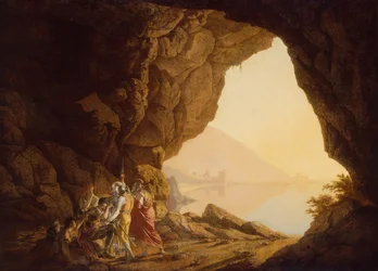 Grotte ved sjøen i kongeriket Napoli med banditter, solnedgang