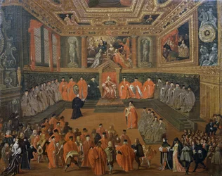 Høring av Doge i Council Hall of Ducal Palace, Venezia, maleri av Joseph Heintz Younger (ca 1600-1678)