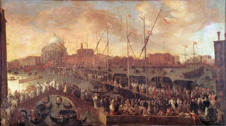 Prosesjon på dagen for festen for Forløseren En midlertidig bro bygges til Kirken til Forløseren av Venezia for å minnes ofrene for den store pesten i 1575-1576 - Maleri av Joseph Heintz den unge (1600-1678) 1600-tallet - Musei Civici