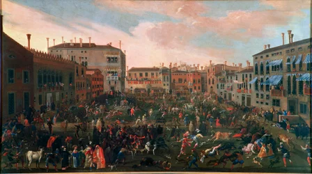 Jakten på okser ved Campo San Polo i Venezia i 1648. Den tradisjonelle jakten på Tyren fant sted på det lille torget (campi) i Venitian med spesielt voldsomme hunder. Maleri av Joseph Heintz Je Jeune (1600-1678). Venezia, Museo Correr