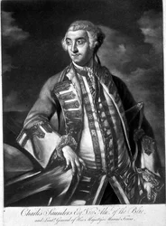 Portrett av admiral Sir Charles Saunders (ca. 1713-75) viseadmiral for den blå skvadronen, gravert av James McArdell (ca. 1729-65) (gravering)