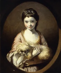 Portrett av frøken Emilia Vansittart, halv lengde, iført en rosa og hvit kjole som holder en hund, ca. 1767-68