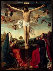 Golgata. Korsfestelsen med Jomfru Maria og den hellige Johannes ved foten av korset. Innskriften «INRI» på korset. Mesteren fra San Sebastian eller Josse Lieferinxe (aktiv fra 1493 til 1505)