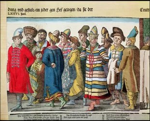 Den store ambassaden til Ivan IV 1530-84 av Russland til den hellige romerske keiseren i Regensburg i 1576 farget tresnitt av 173050 og 88595