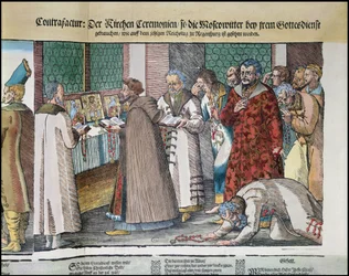 Den store ambassaden til Ivan IV 1530-84 av Russland til den hellige romerske keiseren i Regensburg i 1576 farget tresnitt av 173050 og 88595