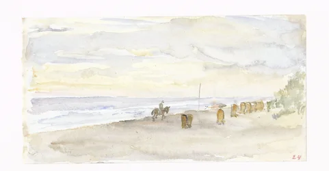 Strandutsikt med rytter og strandstoler