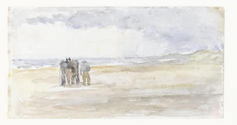 Mann med hest og vogn på stranden