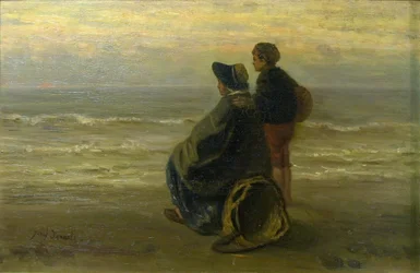 Mor og barn på en strand, ca. 1890.