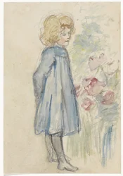 Stående jente ved et blomsterbed