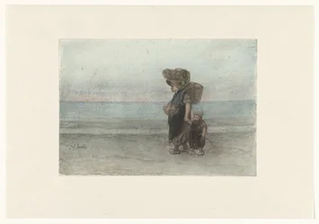Kvinne med barn, går på stranden