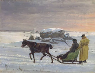 Malerne Jørgen Roed og Constantin Hansen tar en sledetur.