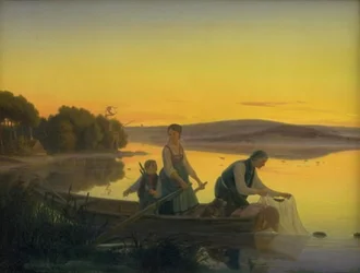 En gammel fisker som setter ut garnene sine om kvelden