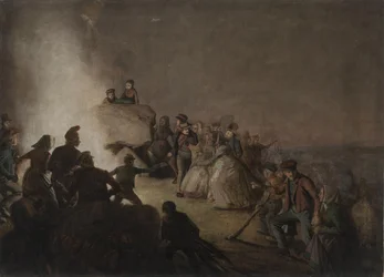 St. Hansaaften. Bønder, som har tent bål på en diger haug, danser rundt bålet
