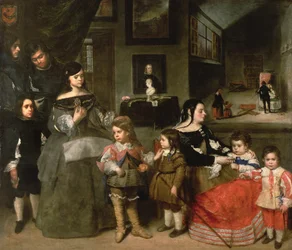 Kunstnerens familie: til venstre de fire barna fra kunstnerens første ekteskap med datteren til Diego Velázquez, Gaspar, Melchior, Baltasar og Maria Teresa; til høyre hans andre kone Francisc