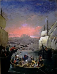 Fra 1492 Palos karaveller Santa Maria, Pinta og Nina (olje på lerret)