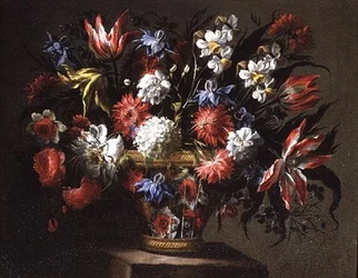 Stilleben av tulipaner, påskeliljer og andre blomster i en kurv