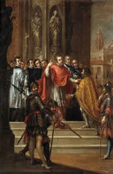 St. Ambrosius nekter keiser Theodosius inngangen til kirken, ca. 1673 (olje på lerret)