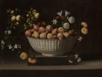Blomster og frukt i en kinesisk bolle