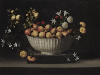 Blomster og frukt i en kinaskål, ca. 1645