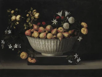 Blomster og frukt i en kinaskål, ca. 1645.