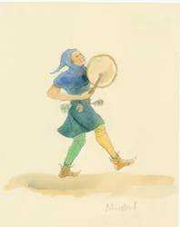 En middelaldersk minstrel som spiller et slaginstrument, muligens en tabor, 2004.