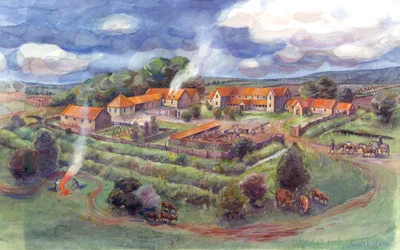 Gargrave romerske villa, også kjent som Kirk Sink romerske villa (akvarell på papir)