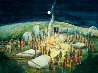 West Kennet Long Barrow, neolittisk rekonstruksjon (akvarell på papir)