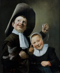 En gutt og en jente med en katt og en ål, ca. 1635 (olje på eik)