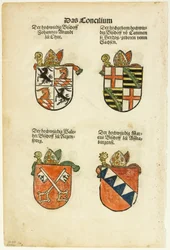 Biskopenes våpenskjold (rekto og bak) fra Das Concilium so zu Constantz, plate 26 fra Tresnitt fra bøker fra det 16. århundre